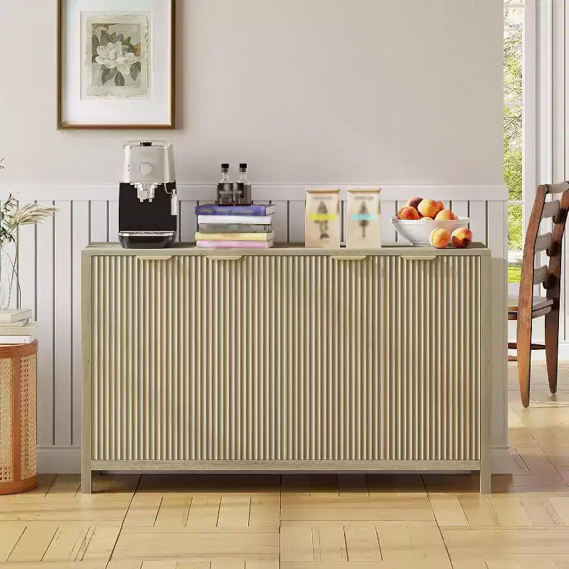 Acekool Fluted Sideboard Buffet Cabinet, Modern 4-Door Storage with Adjustable Shelves for Kitchen, Dining, Living Room, or Entryway
