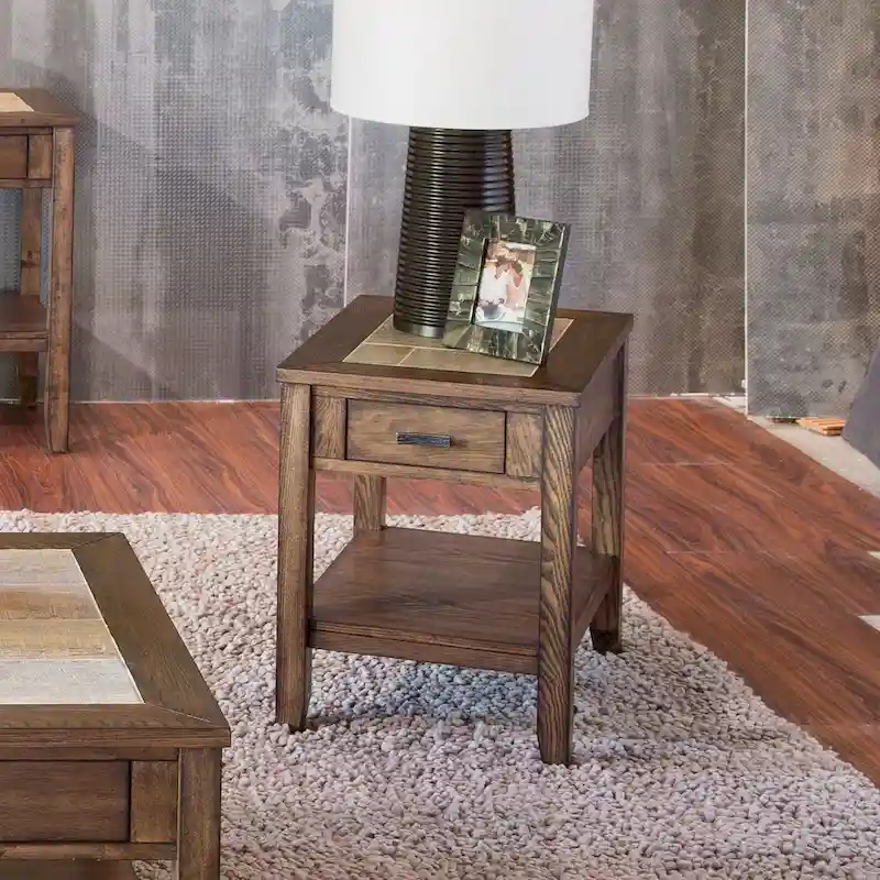 Tobacco Brown Chair Side Table with Ceramic Tile Top