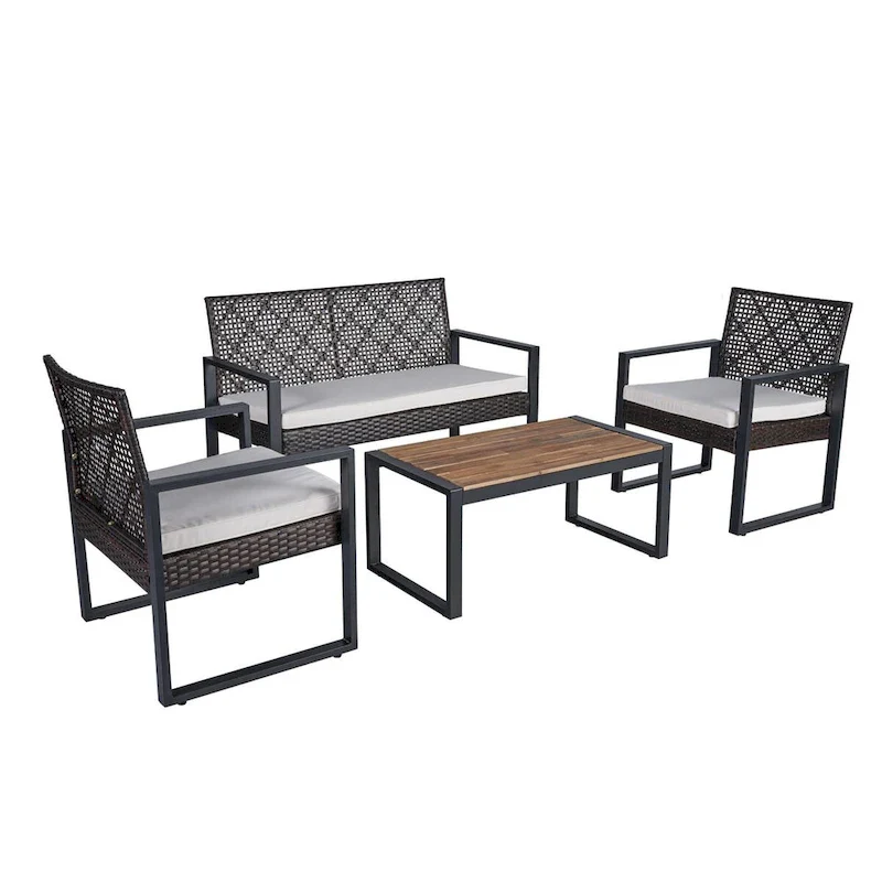4-Piece Patio Furniture Set Outdoor Balcony Porch Garden Backyard Lawn Furniture Acacia Wood Table Top,Brown and Beige Cushion
