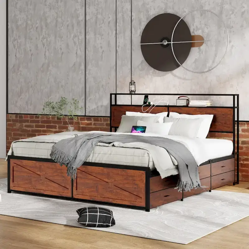 Bed Frame with Storage Headboard and 12 Drawers and LED Lights
