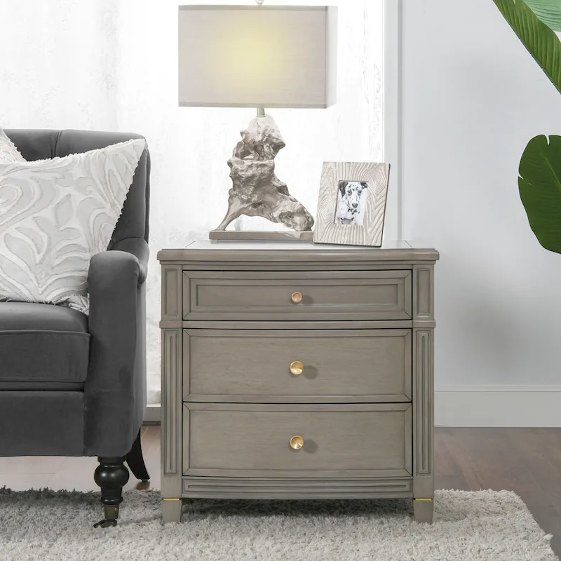 Grey Wood / White Wood Solid Rubberwood 3-Drawer End Table with Tapered Legs & Satin Gold Knobs – Single