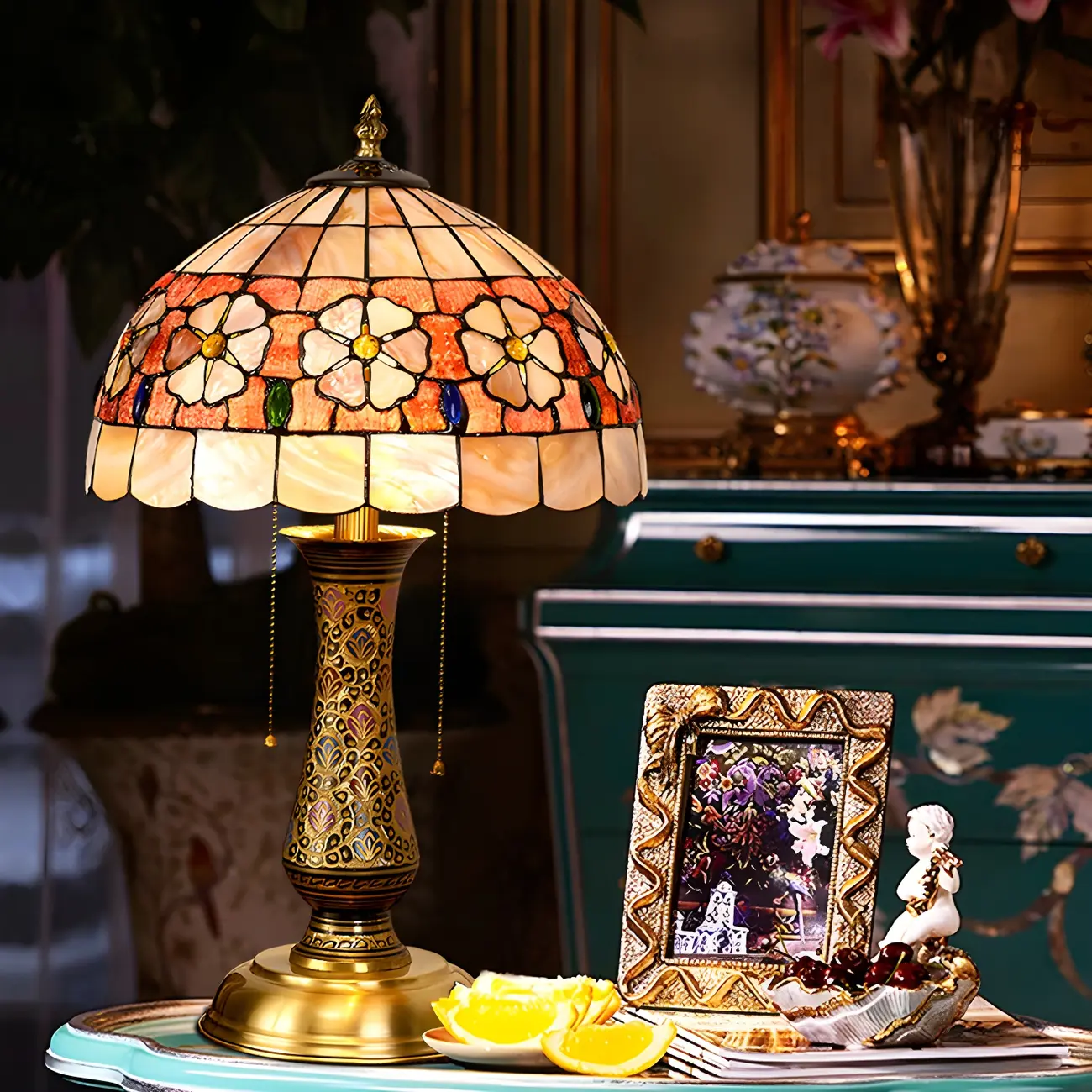 Antique Brass 2-Light Stained Glass Dome-Shape Table Lamp