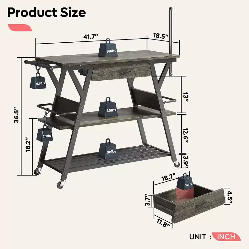Rustic Brown / Vintage Dark Grey Rolling Kitchen Cart with 3-Tier Shelf, Lockable Wheels