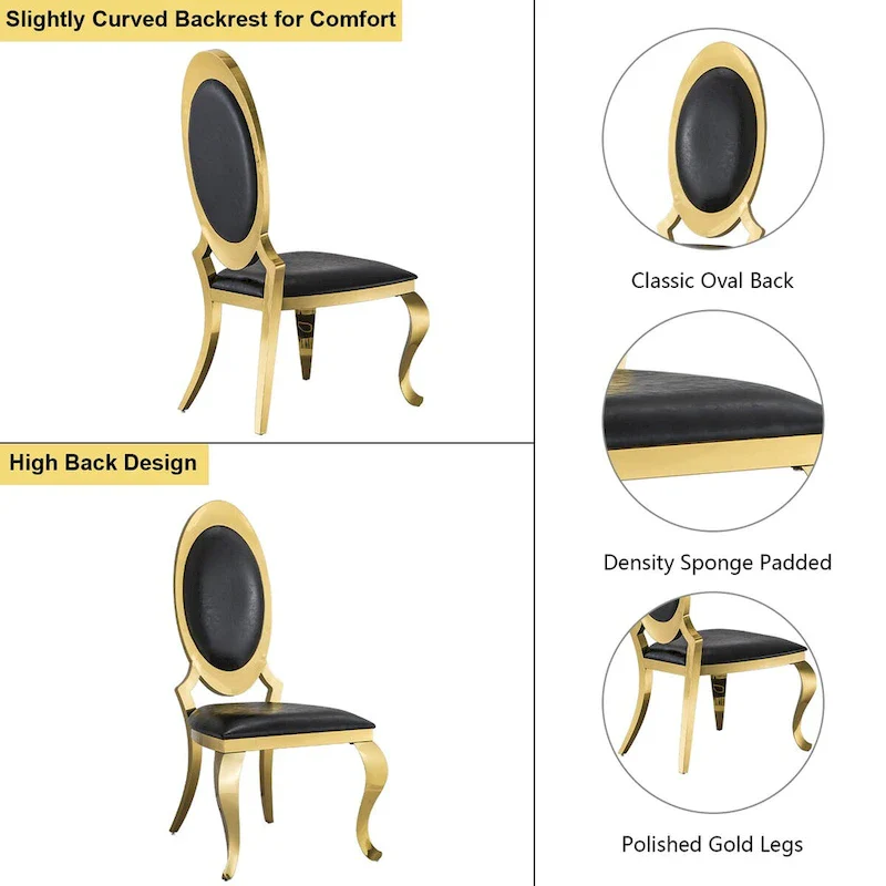 Luxury Black PU Leather Dining Chairs with Polished Gold Cabriole Legs