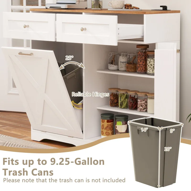 Gymax Tilt Out Trash Can Cabinet w/ Outlets 2 Drawers Adjustable Shelf