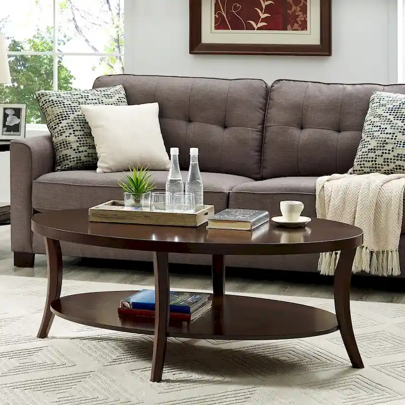 Wood Oval Coffee Table with Shelf