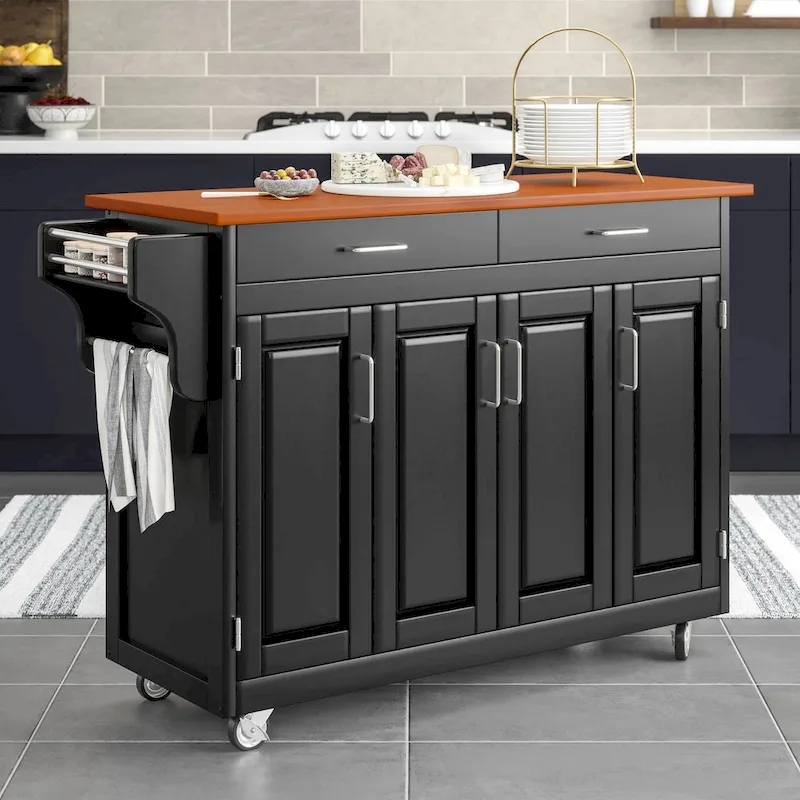 Kitchen Cart, 4 Cabinet Doors, Oak Wood Top, Spice Rack, Towel Bar, Locking Casters, Solid Hardwood, Black, 1-Person Use