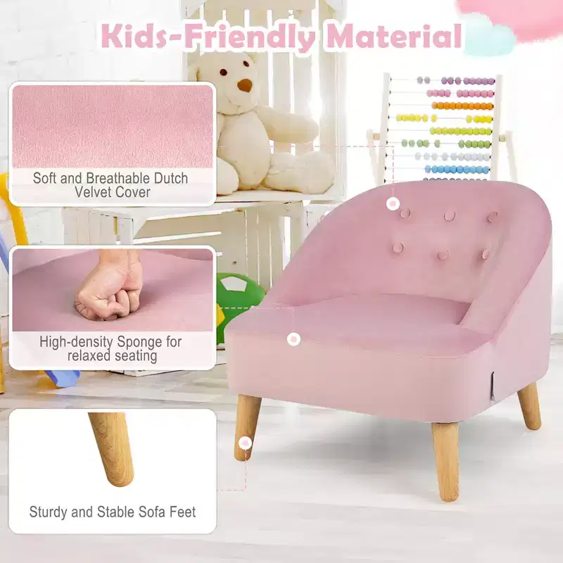 Costway Kids Sofa Chair w/ Ottoman Toddler Single Sofa Velvet Upholstered Couch Grey\Pink