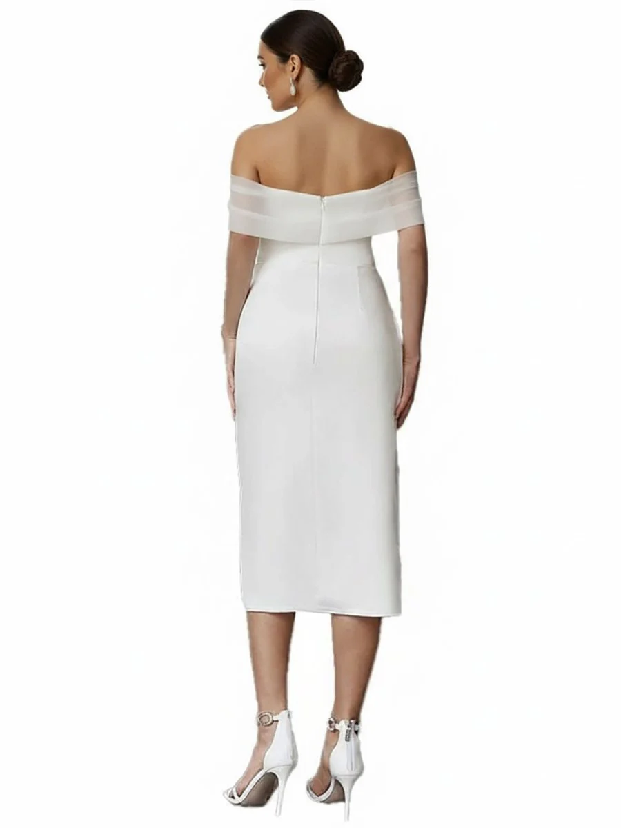 Sheath Off-The-Shoulder Sleeveless Tea-Length Wedding Dresses