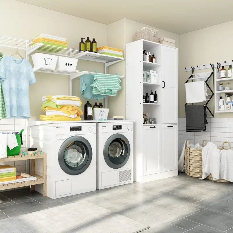 Sleek White Laundry Bathroom Cabinet with Unique Rotating Drawers