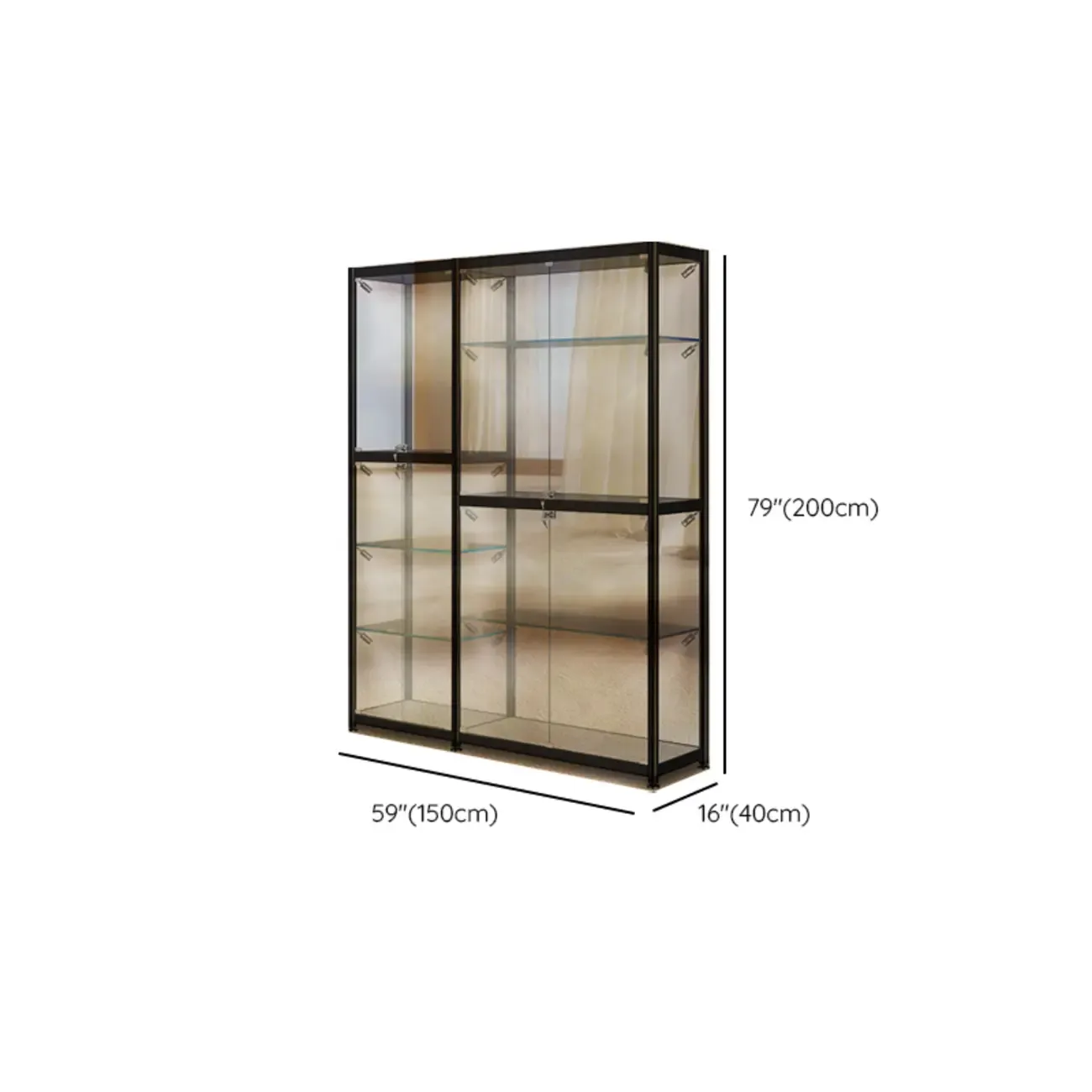 Modern Black Clear Glass LED Adjustable Display Cabinet