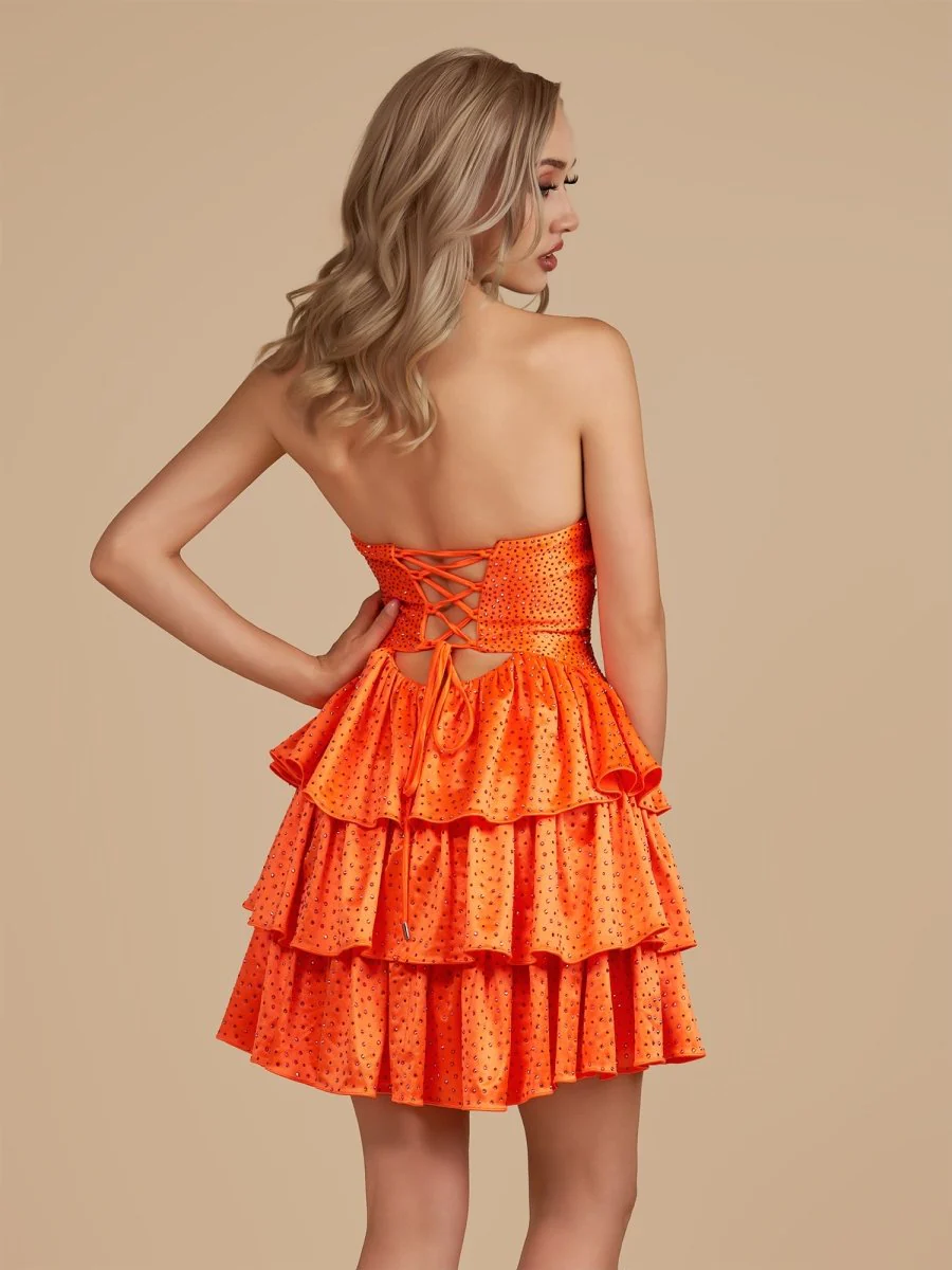 Bright Orange - A Line Sweetheart Satin Cut Out Ruffled Homecoming Dress with Beads