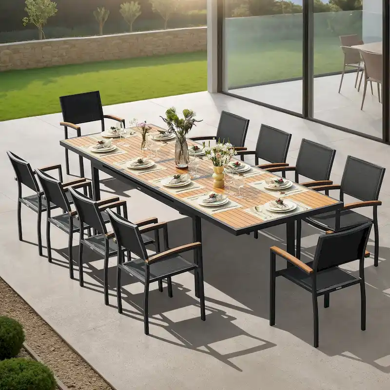 HIGOLD - Heck 11-Piece FSC Teak Patio Dining Set for 10 Persons, Extendable Dining Table and 10 Armchairs, Aluminum Frame