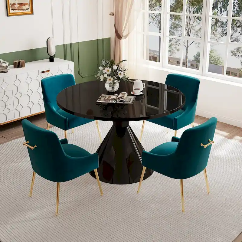 48 Light Luxury Black High Gloss Large Countertop Dining Table with Velvet Dining Chair Set