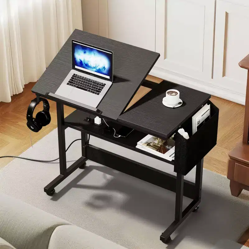 Home Office Computer Desk Workstation, Wood Laptop PC Table Drawer Shelf With Charging Station, Height Adjustable Rolling Desk For Small Spaces