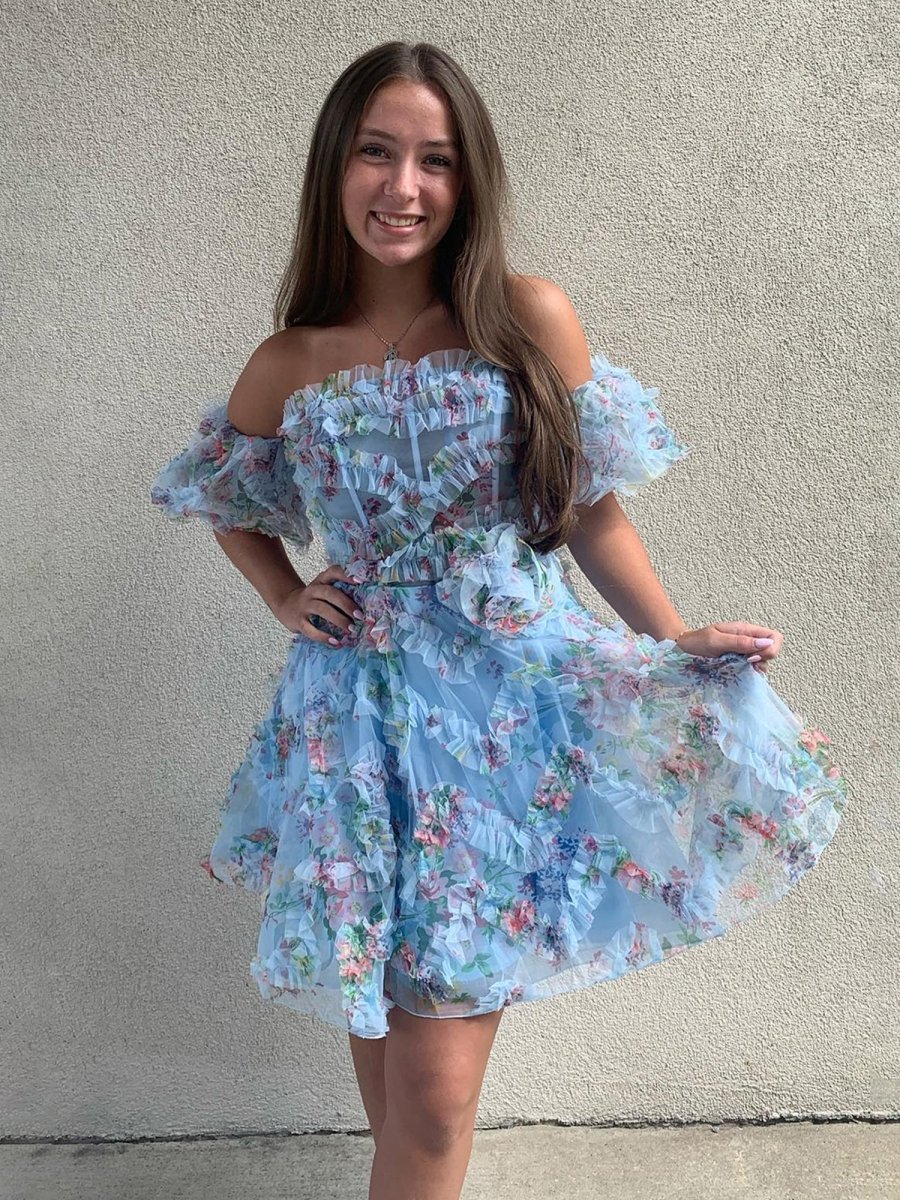 Blue - Off The Shoulder Floral Printed A Line Homecoming Dress With Ruffles