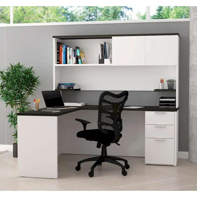 White & Deep Grey / Deep Grey & Black L-Shaped Desk with Hutch, 1-Person