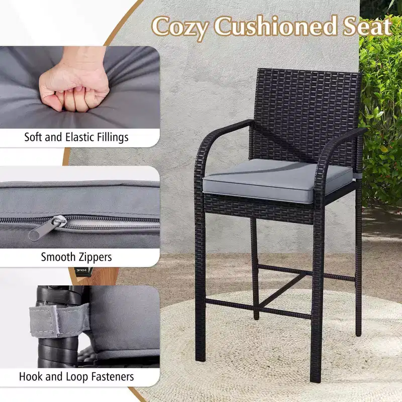 Costway 3 PCS Patio Wicker Bar Set Rattan Chairs & Square Table with Heavy-Duty Metal Frame