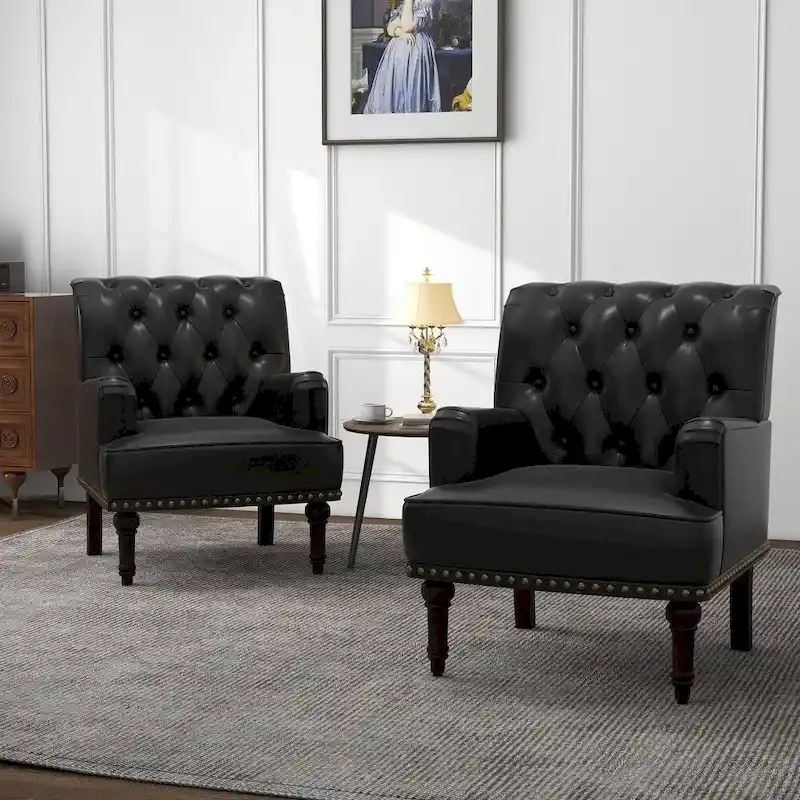 Button-Tufted PU Leather Accent Chair, Black/Brown/Beige, Nailhead Trim, Seats 1