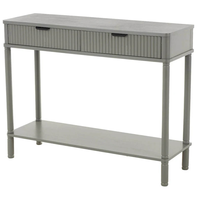 Wood Handmade 2 Drawer Console Table with Black Handle and Ribbed Front - Gray - Roche River Decor