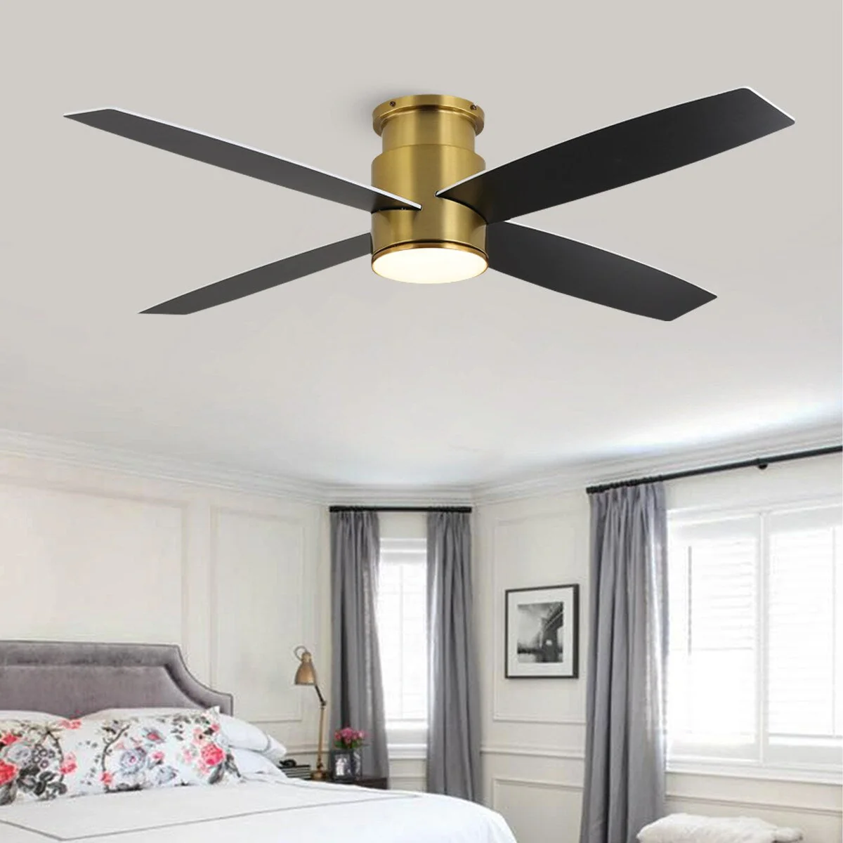 WINGBO 44/52 Inch Flush Mount DC Ceiling Fan with Lights and Remote, 4 Reversible Blades