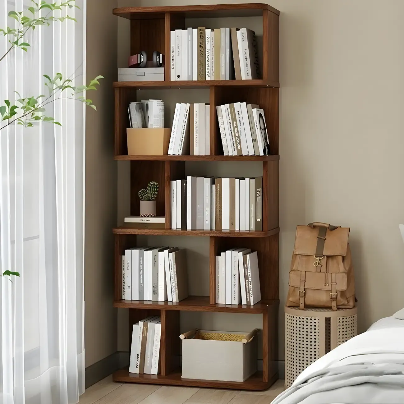 Tall Modern Walnut Open Back 6-Shelf Wood Bookcase