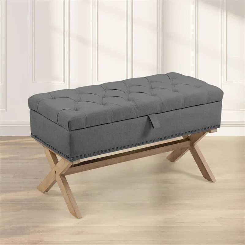 Antique Dark Grey Button-Tufted Linen Storage Ottoman, 1-Seat