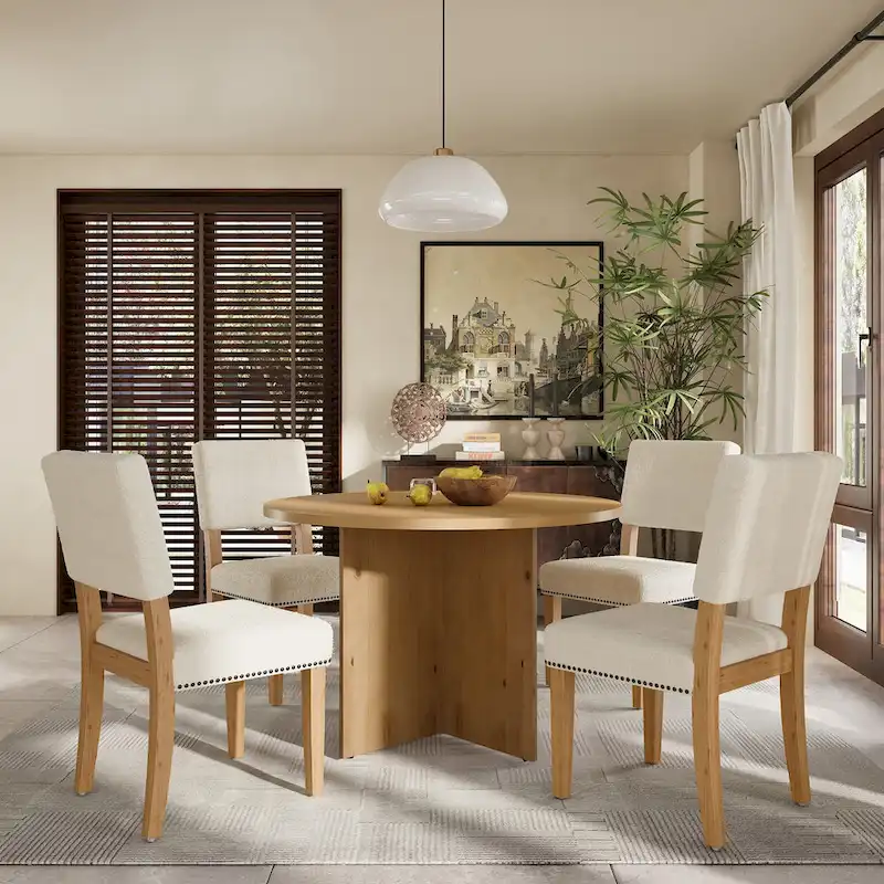 Farmhouse Style 5-Piece Wooden Dining Set with Round Table and 4 Lambswool-like Fabric Upholstered Chairs