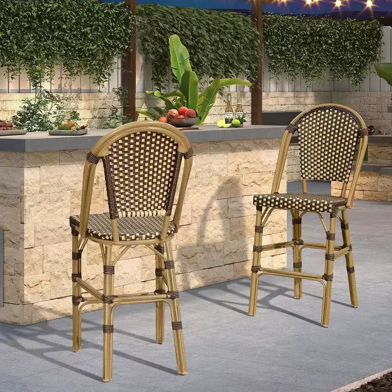 PURPLE LEAF French Bar Stool Set of 2 Patio Bar Stools with Back Rattan Chairs Wicker Bar Stool with Footrest Kitchen Island Stools Outdoor Barstool