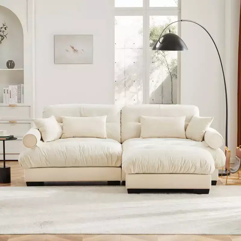 Modern 2-Seater Velvet Modular Sofa with Ottoman, Cloud-Like Cushions and Round Armrests, L-Shape Couch for Living Room or Lounge - Panipeachy