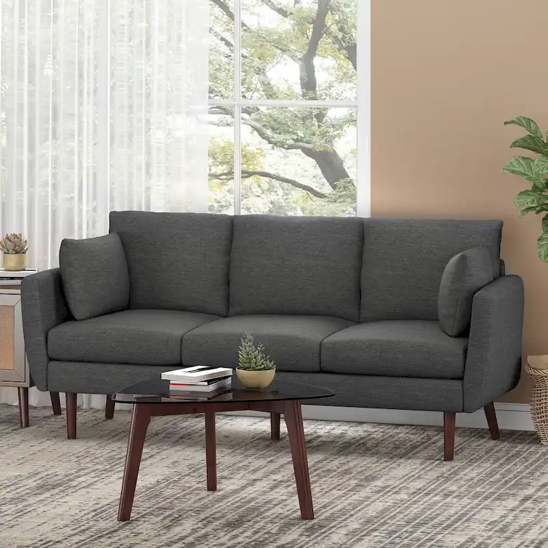 Charcoal Fabric 3-Seater Sofa with Pillow Back and Birchwood Legs