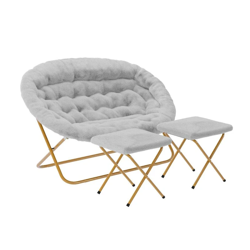 Double Folding Faux Fur Saucer Chair with 2 Ottomans – 300 lbs Capacity