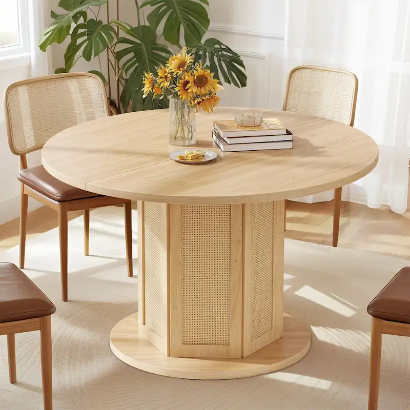 Round Pedestal Dining Table for 4 with Rattan Circular Base