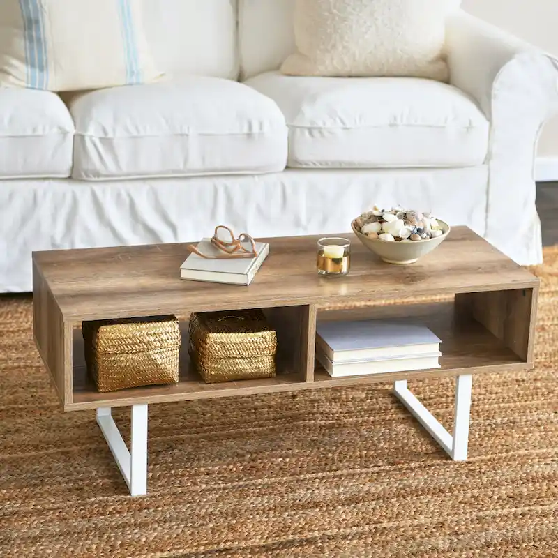 Coastal Oak / Slate / Black / Ashwood Modern Coffee Table with 2 Open Storage Compartments & Steel Legs, 39.25 Inch