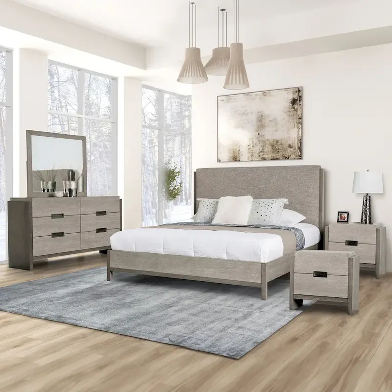 Furniture of America Cruz Contemporary Gray Solid Wood Panel 5-Piece Bed, 2 Nightstand, Dresser and Mirror Bedroom Set