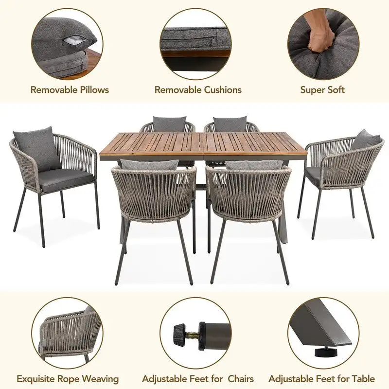 7 Pieces All-Weather Patio Dining Set with Acacia Wood Tabletop and 6 Chairs