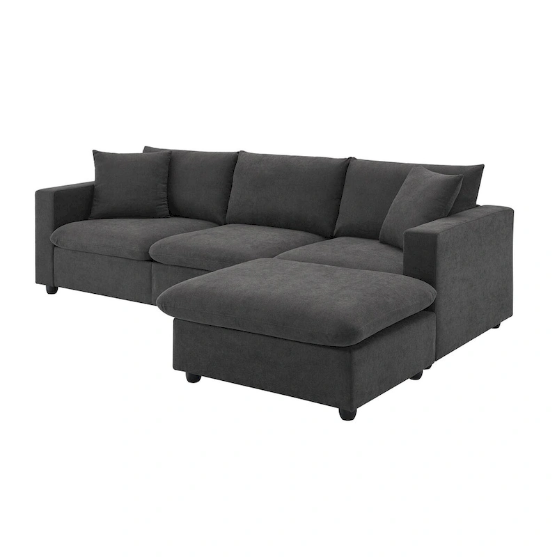 Modern Sectional Sofa,L-shaped Couch Set with 2 Free pillows,4-seat Polyester Fabric Couch Set with Convertible Ottoman