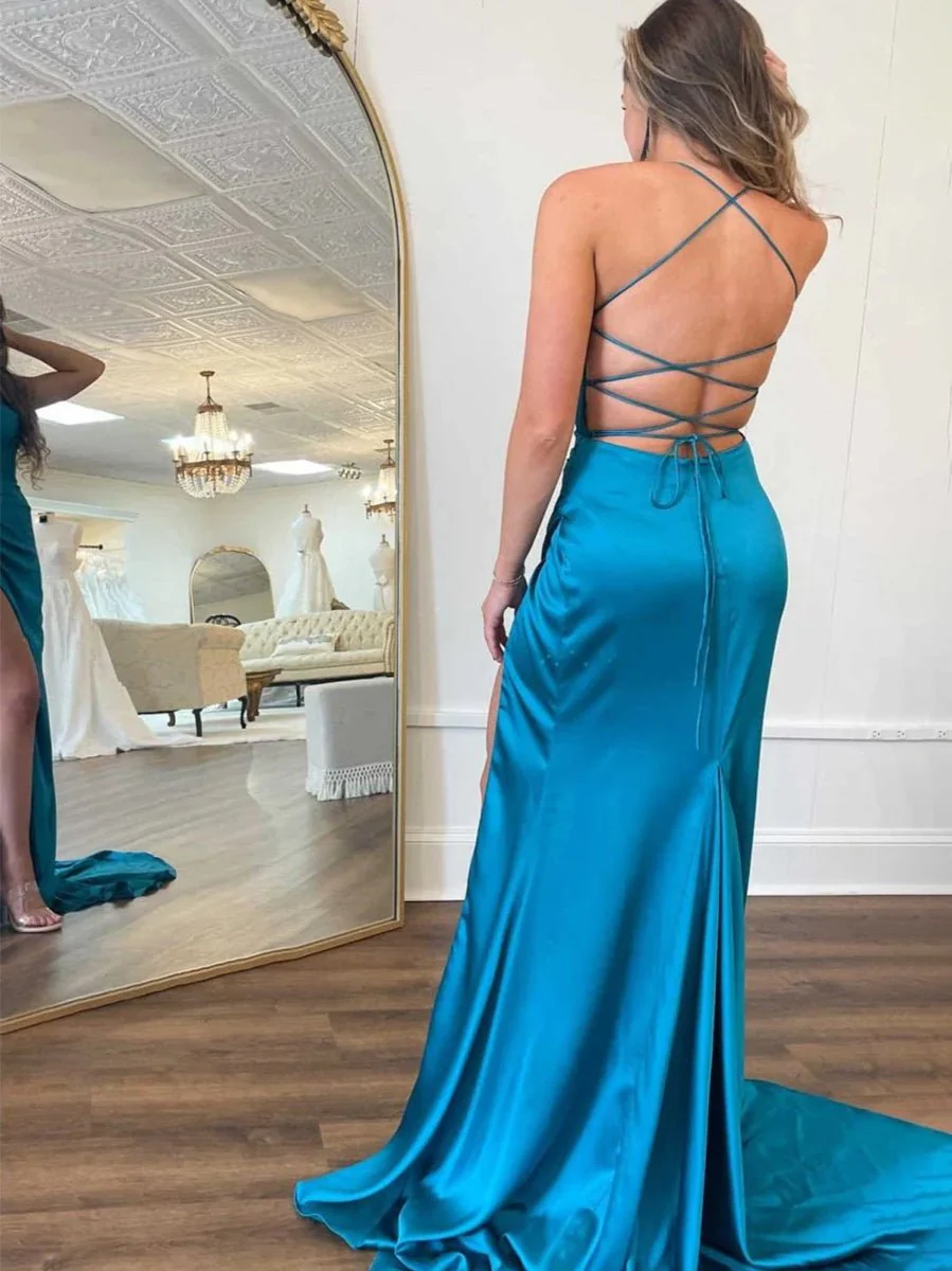 Straps Teal V-Neck Ruched Long Prom Dress