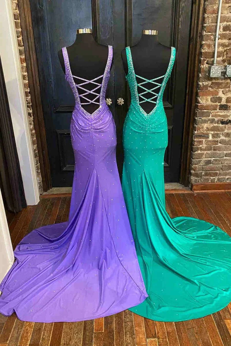 Mermaid V-Neck Beaded Satin Prom Dress with Cross Back