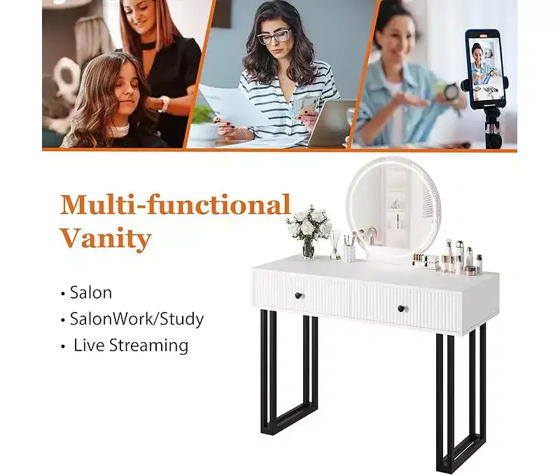 Vanity Makeup Desk with Round Mirror, 40 Small Modern White Vanity Desk ,Dressing Table with 2 Drawers, Girls Compact Vanity Desk for Bedroom