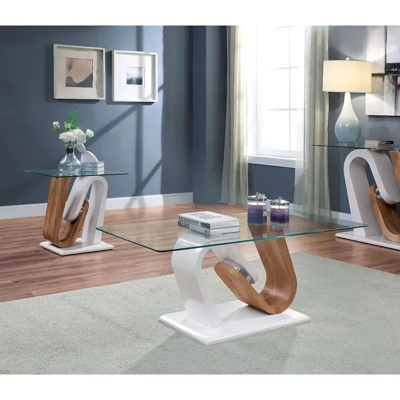 Contemporary White and Natural 47-inch Glass Top 2-Piece Coffee Table Set