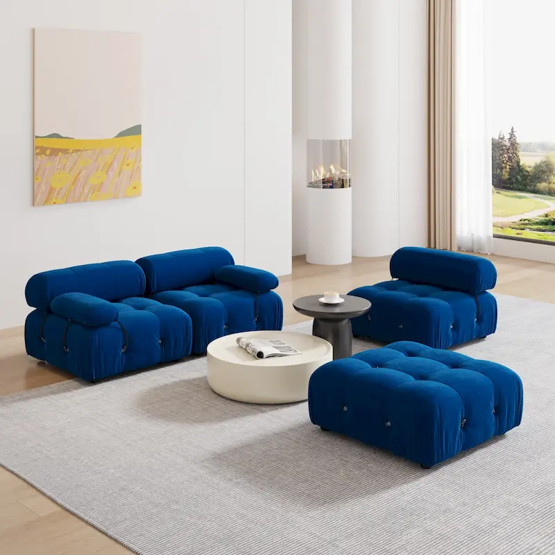 Blue Velvet Upholstered Sectional Sofa