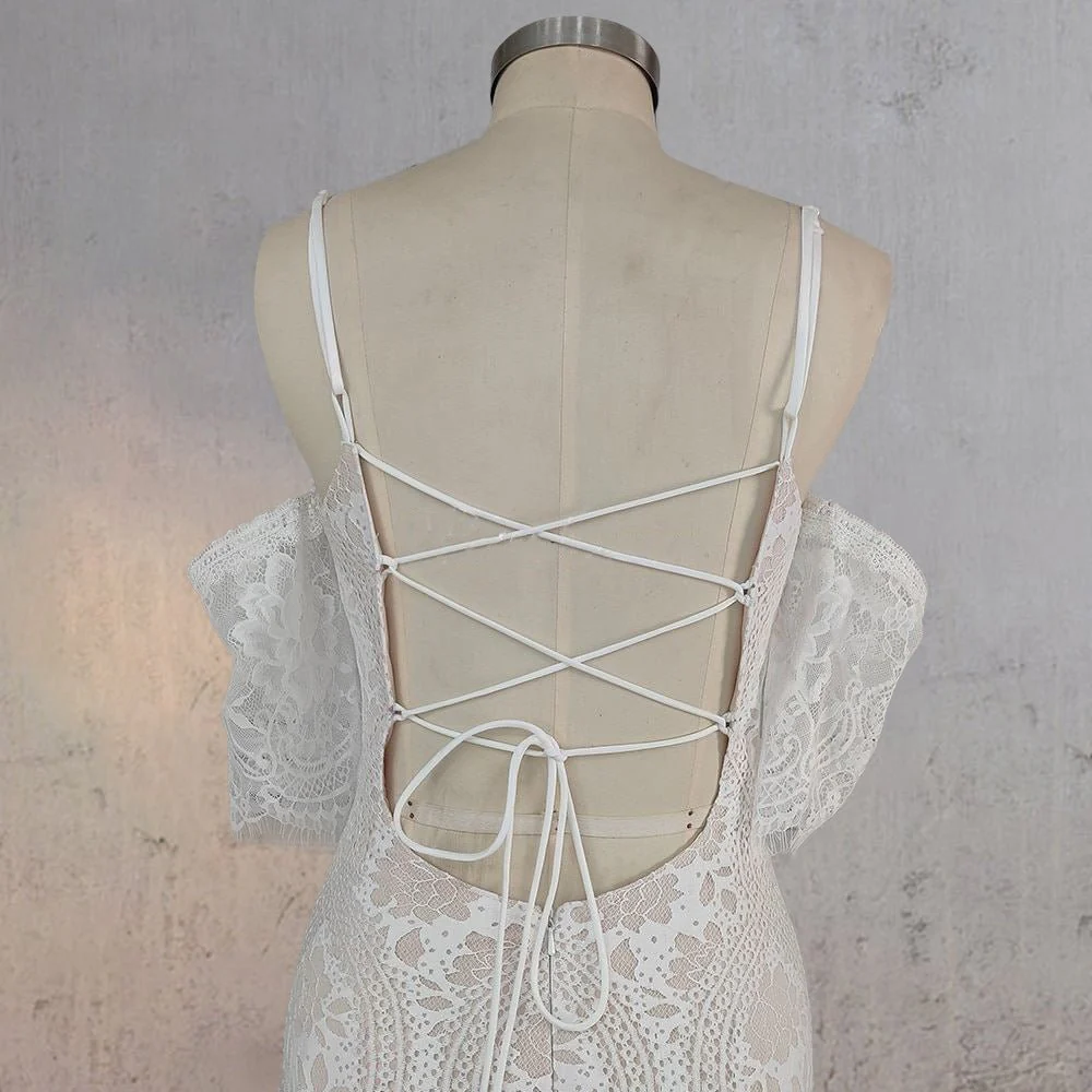 Mermaid White Halter Neck Lace Wedding Dress