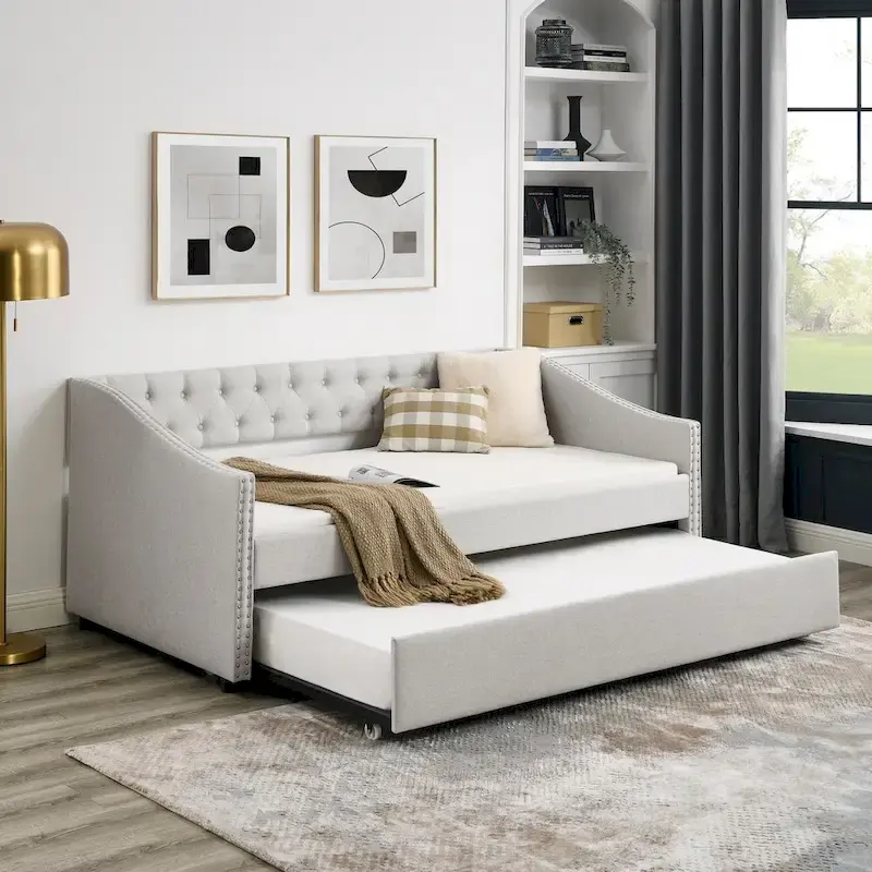 Upholstered Daybed Frame with Trundle & Tufted Backrest