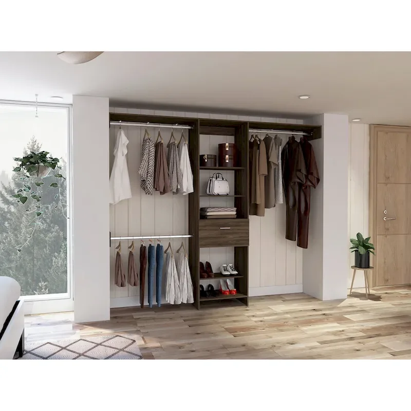 Cross Closet System with Drawer, 3 Metal Rods, and 5 Open Shelves