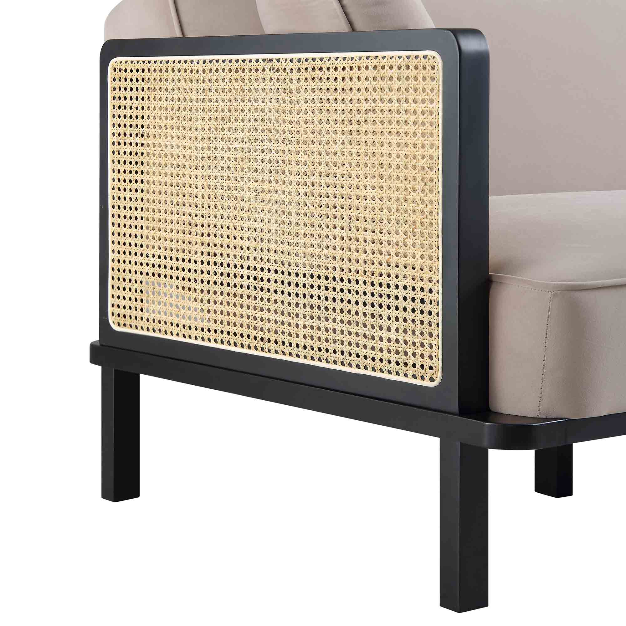 Solid Wood and Cane Sofa Bed, Taupe Velvet with Black Frame