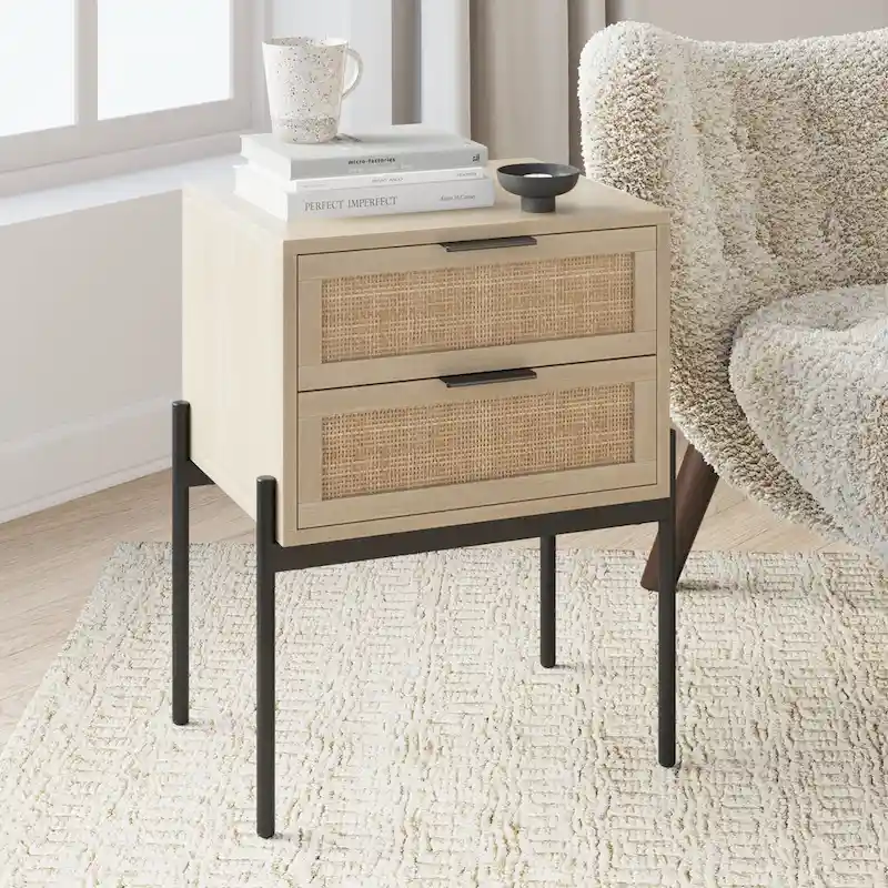 Rattan End Side Table with Storage Doors & Gold Accents