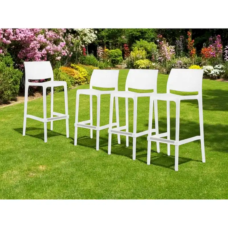 HomeRoots Set of Four 30 White Faux Rattan Heavy Duty Plastic Low Back Outdoor Bar Height Chairs