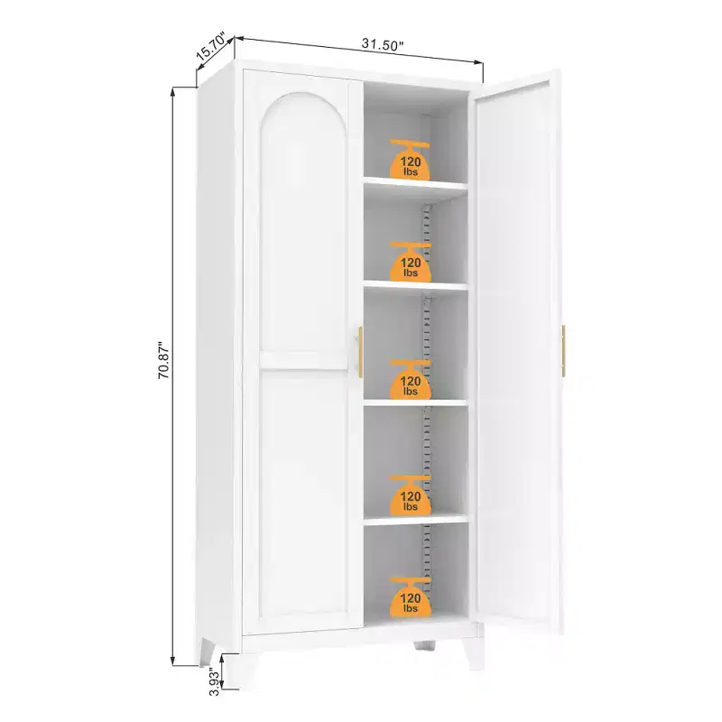 Chic Crate 71'' 2 Shapely-Door Metal Cabinet  Adjustable Shelves for Bedroom/Living/Kitchen (White)