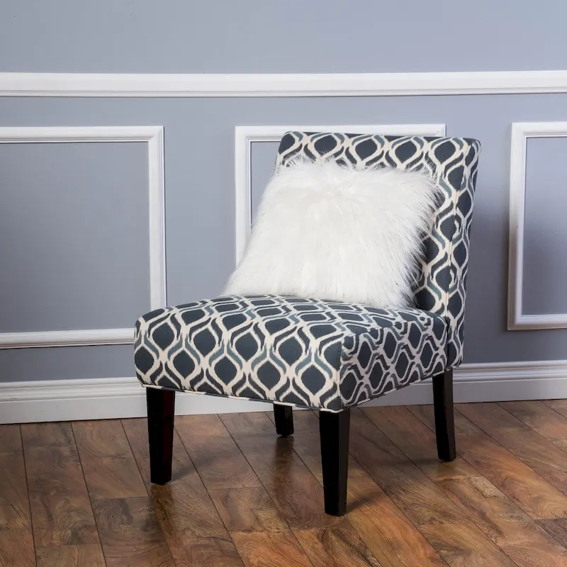 Blue / Yellow Ikat & Checkerboard Slipper Accent Chair, Matte Black Legs, 1-Seat